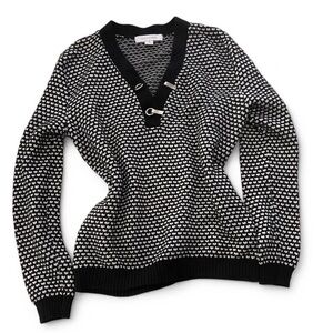 Madison Black and White V-Neck Sweater with Polka Dot Pattern